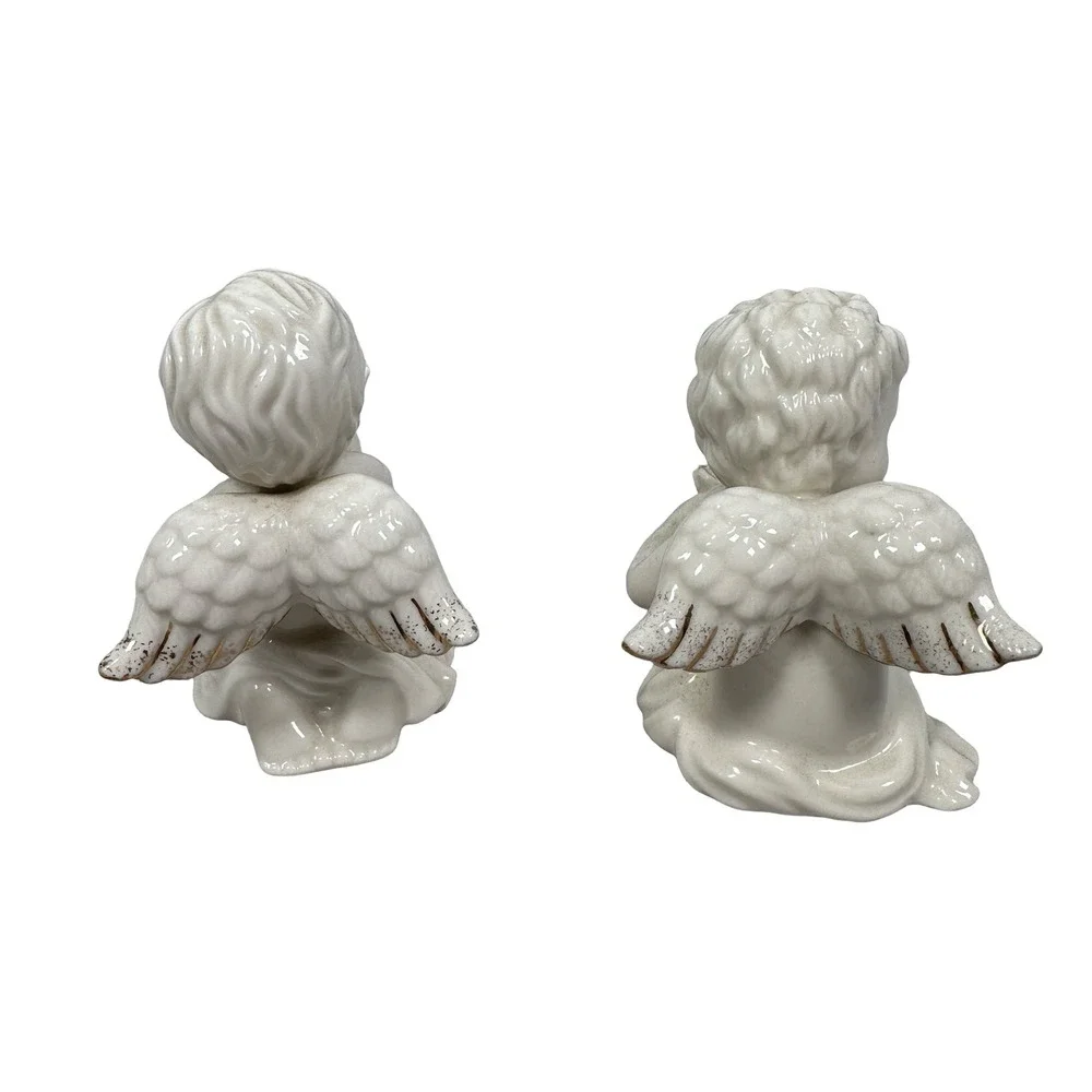 Lenox Ivory Porcelain Cherub Angel Figurines Gold Trim Set 2 Blowing Kiss Heart